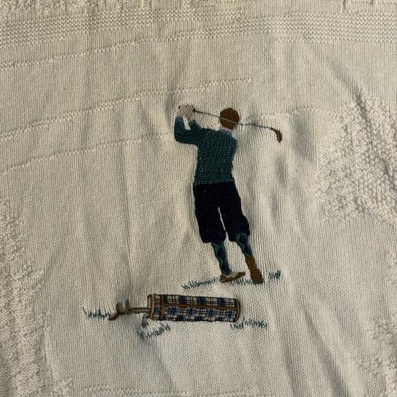 Isle of Cotton Embroidered Golf Sweater Knit Pattern Cream Vintage Large Tall - Picture 3 of 8